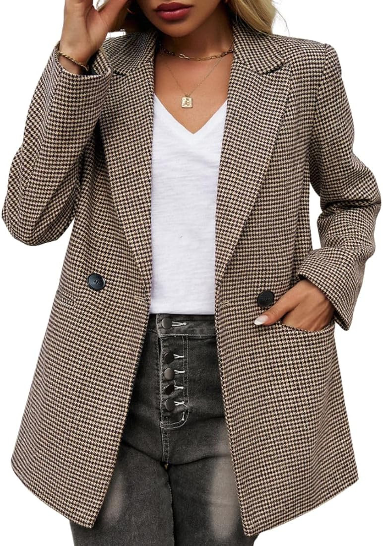 ELFTOWN Women's Open Front Blazers Pea Coats Plaid Houndstooth Business Wool Blend Suits Jackets | Amazon (US)