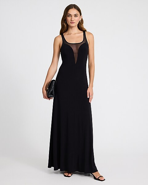 Mesh Pieced Scoop Neck Sleeveless Maxi Dress | Express