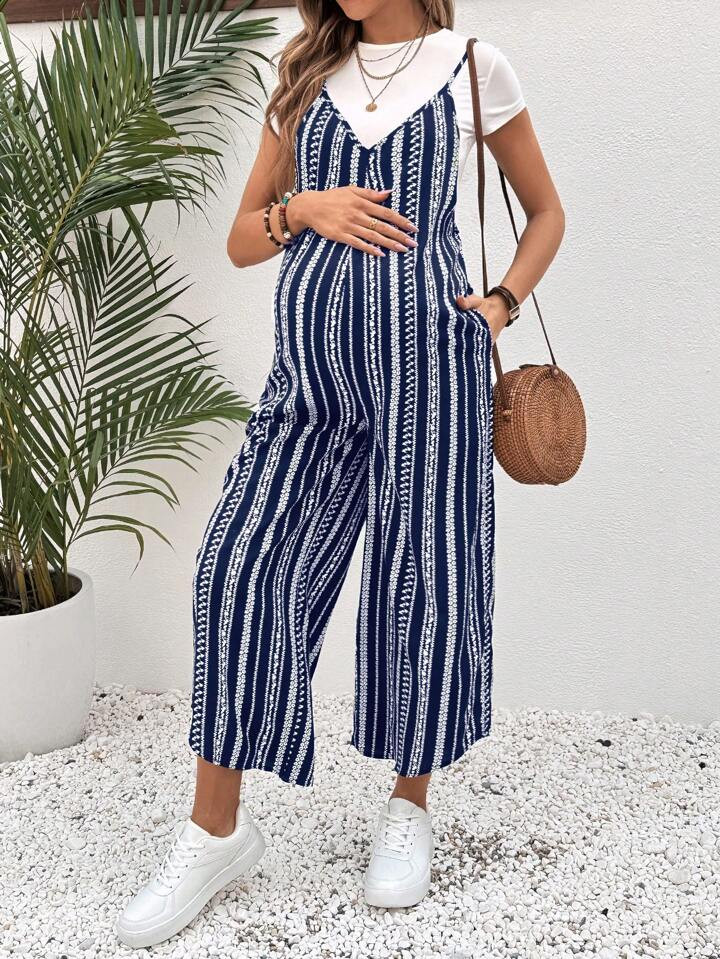 SHEIN Maternity Vintage Printed Jumpsuit For Holiday, Spring/Summer | SHEIN