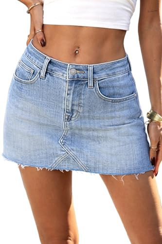 ELLEVEN Jean Skirts for Women Denim Skirt with Shorts Mini Y2k Cute Low Rise Stretch Summer Skorts Bodycon Casual Skort with Pockets Light Blue Denim Medium | Amazon (US)