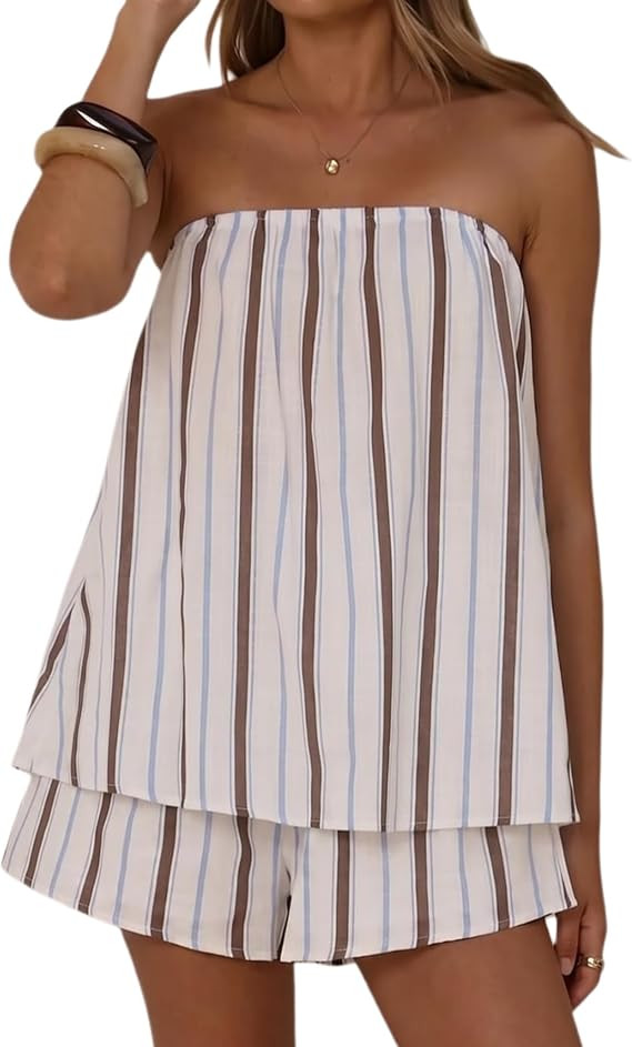 MSBESYOR Women Two Piece Striped Shorts Sets Summer Strapless Tube Top Matching Set Y2K Backless ... | Amazon (US)