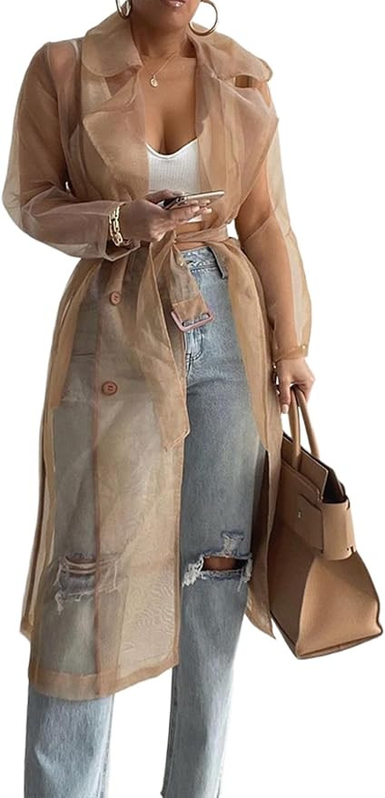 CHICME 2025 Women Longline Trench Coat Sheer Mesh Sleeve Buttoned CoatTransparent Jacket Coat wit... | Amazon (US)