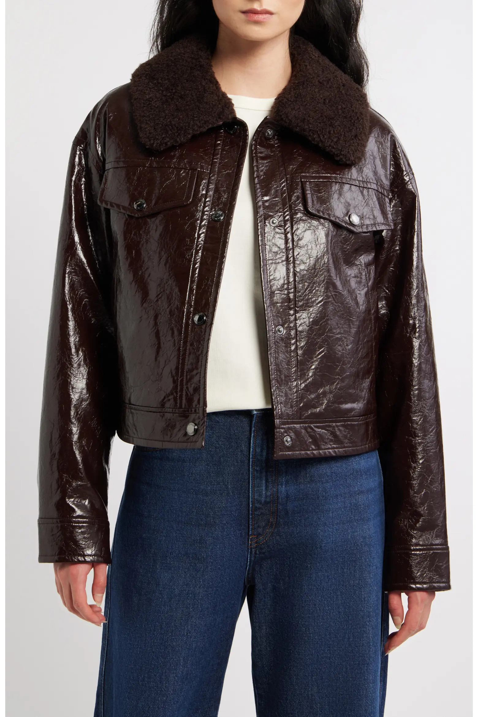 Faux Patent Leather & Faux Shearling Jacket (Women) | Nordstrom | Nordstrom