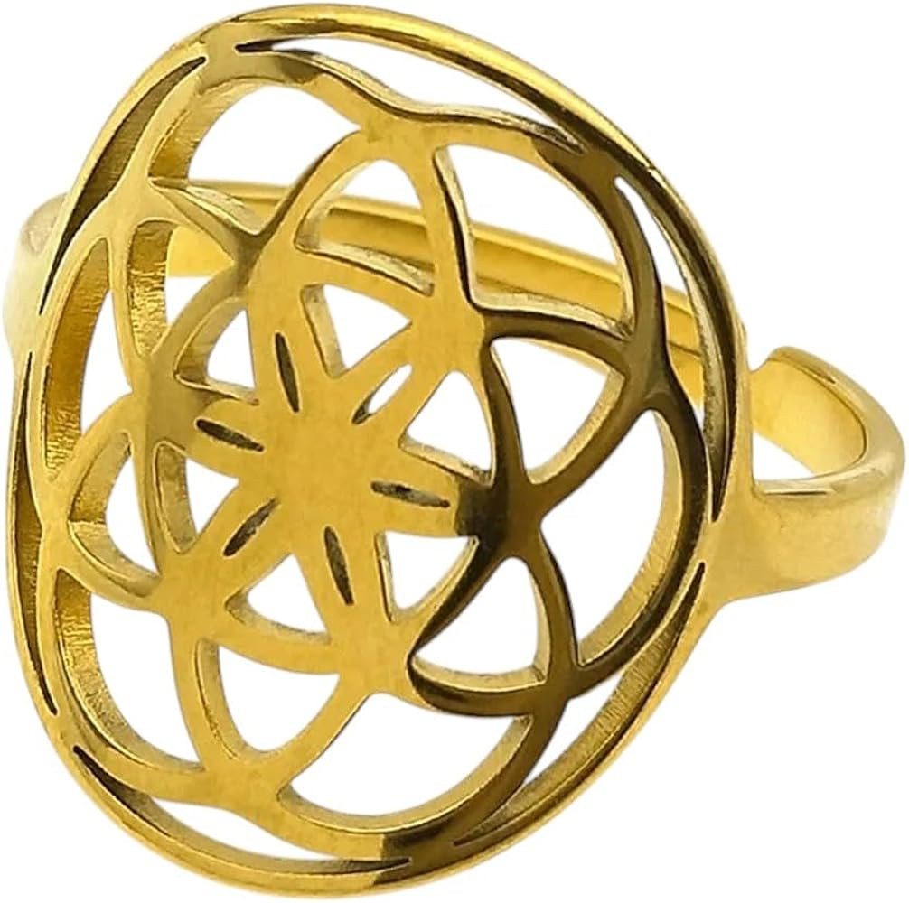 Flower Seed Of Life Mandala Ring For Women Men Stainless SAteel Gold Color Sacred - Romantic Coup... | Amazon (US)