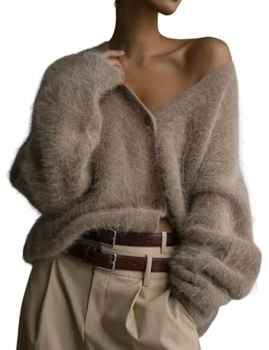 Flygo Womens Fuzzy Mohair Cardigan Sweaters V Neck Button Down Long Sleeve Fluffy Knit Open Front Slouchy Furry Sweater(Khaki-L) | Amazon (US)