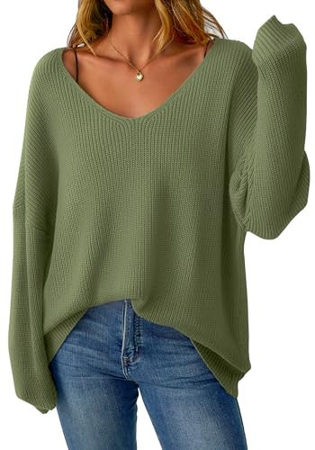 GKBK Oversized Sweaters for Women Deep V Neck Off The Shoulder Sweatshirt Casual Sexy Loose Fit Soft Chunky Pullover Fall Fashion Outfits 2025 Trendy Army Green | Amazon (US)