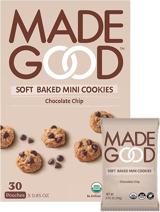 MadeGood Soft Baked Chocolate Chip Mini Cookies, Gluten Free & Safe For School Snacks, 30 Count | Amazon (US)