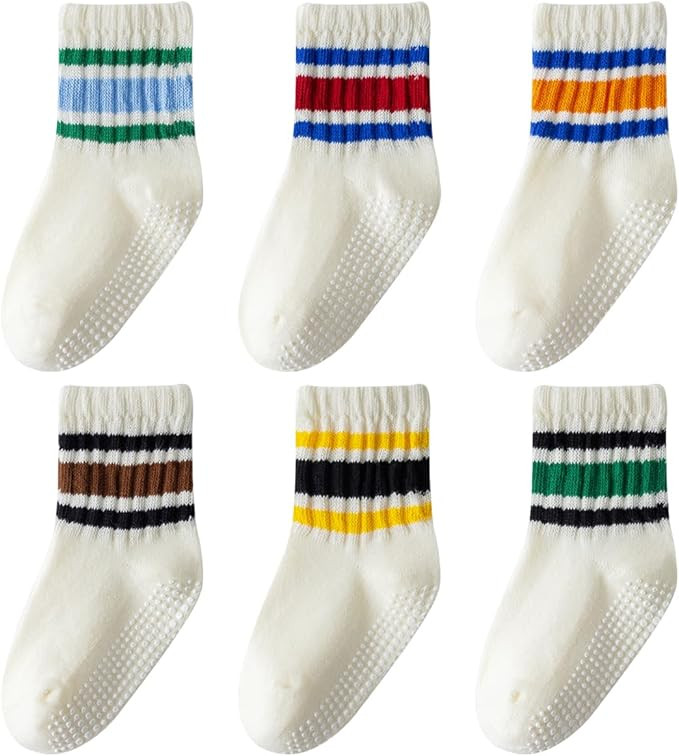 Toddler Grip Socks with Non-Slip, Unisex Baby Retro Stripe Seamless Crew Ankle Cotton Socks for G... | Amazon (US)