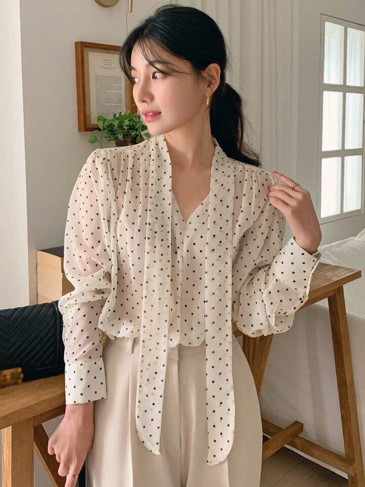 DAZY Blusa Elegante De Manga Longa Com Bolinhas E Laço Para Mulheres | SHEIN