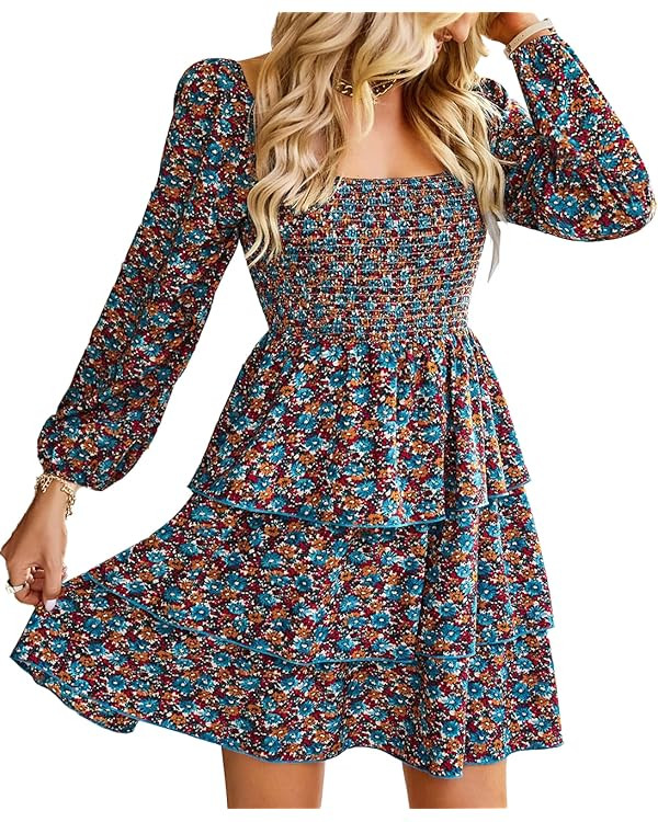 BTFBM Womens Long Sleeve Dress Vacation Square Neck Smocked Floral Swiss Dot Mini Boho Fall Weddi... | Amazon (US)