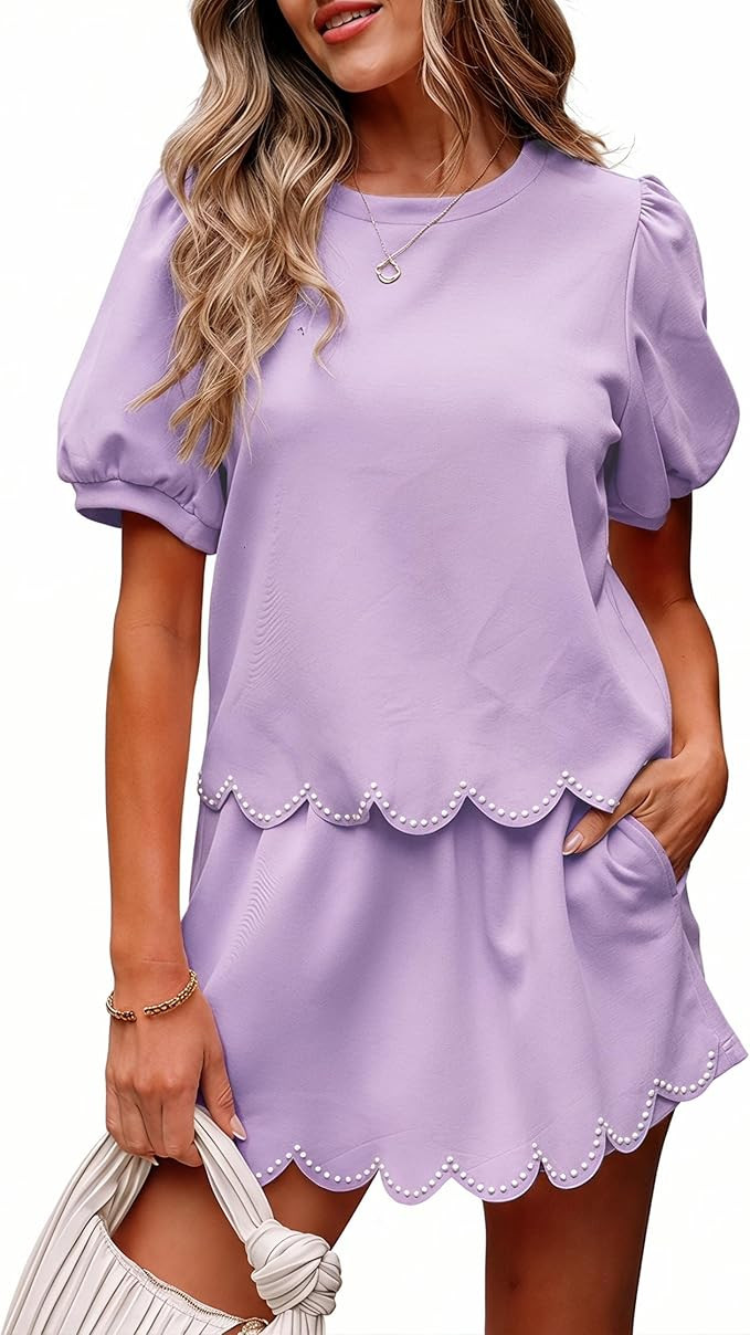 MARZXIN Womens 2 Piece Skort Set Puff Sleeve Pearl Embellished Scallop Trim Shorts Set Comfy Loun... | Amazon (US)