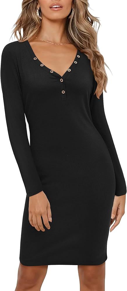 OUGES Women's V-Neck Long Sleeve Bodycon Dress Button Down Midi Cocktail Dress | Amazon (US)