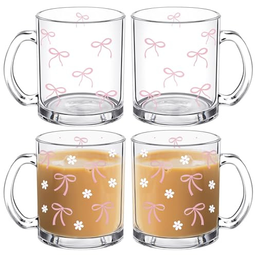 RimCereal 4PCS Pink Coquette Aesthetic Bow Glass Cups with Lids and Straws 12OZ Bow Mugs Bow Party Decorations Pink Bow Iced Coffee Cup Bachelorette Favors for Girls Bestfriend Sister Girlfriend | Amazon (US)