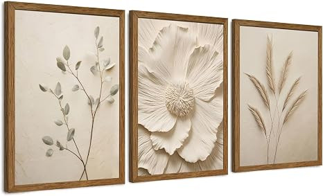 JLTULT 3 Piece Framed Neutral Beige Floral Canvas Wall Art, Modern Simple Texture Blossom Wall De... | Amazon (US)