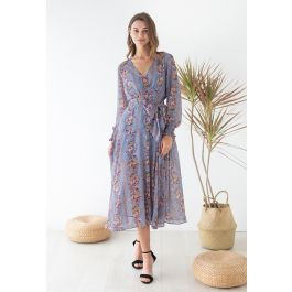 Flower Vines Printed Dots Jacquard Wrap Dress in Blue | Chicwish