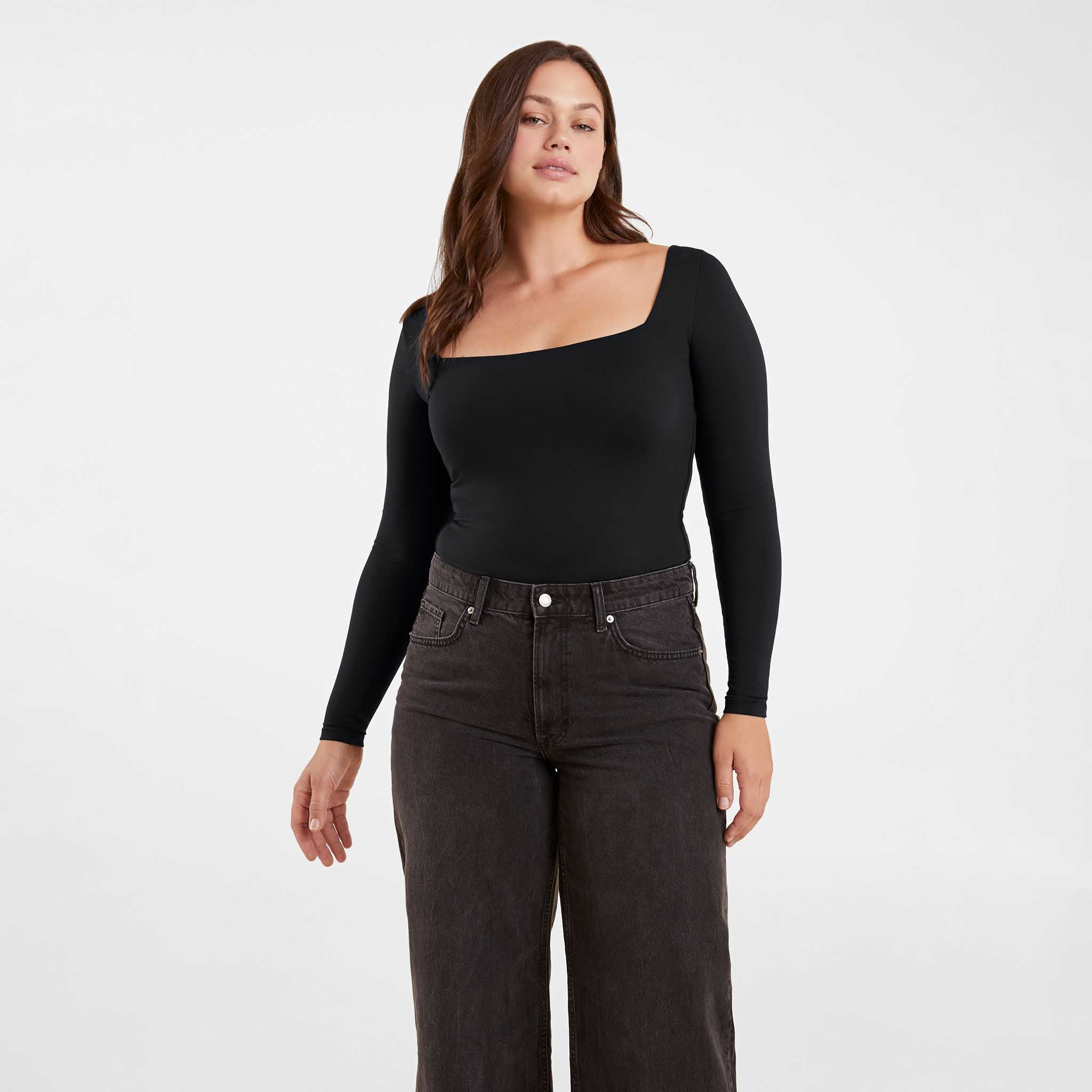 Long Sleeve Wide Square Neck Bodysuit | Black | Nuuds US