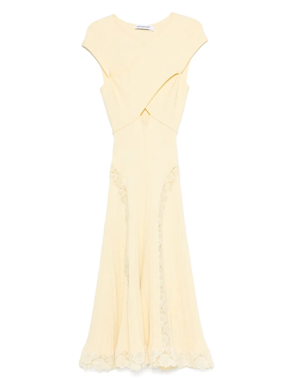 Self-Portrait lace-insert knitted midi dress - Yellow | Farfetch Global