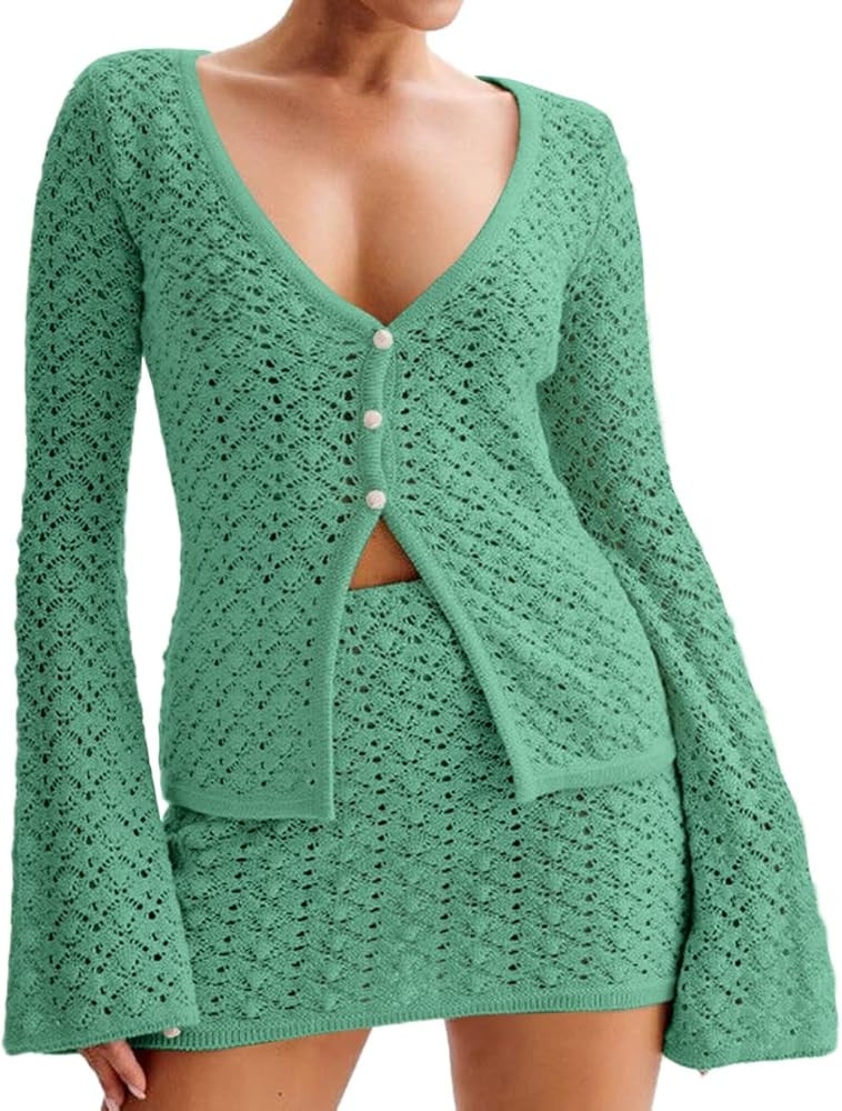Women Crochet 2 Piece Outfits Set Swimwear Cover Up Flared Long Sleeve Button Down Tops Beach Min... | Amazon (US)