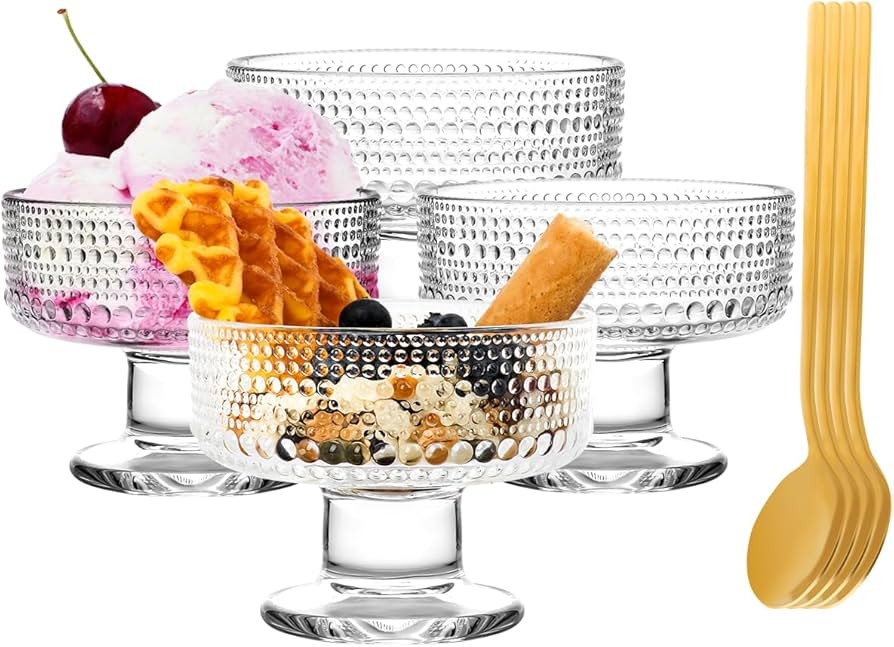 Glass Ice Cream Bowls Set of 4, Hobnail Glass Dessert Cups with Gold Spoon, Fruit Parfait Cups fo... | Amazon (US)