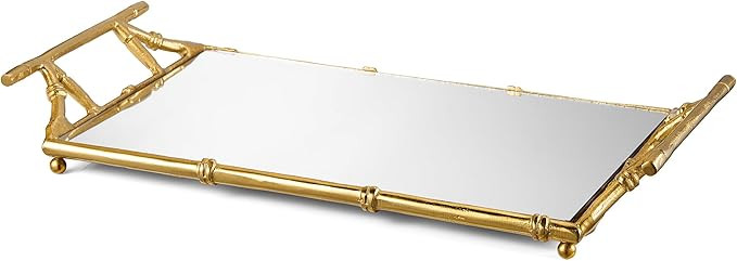 Gold Mirrored Decorative Tray, 20" Large Rectangular Aluminum Bamboo Frame Glass Base with Handle... | Amazon (US)