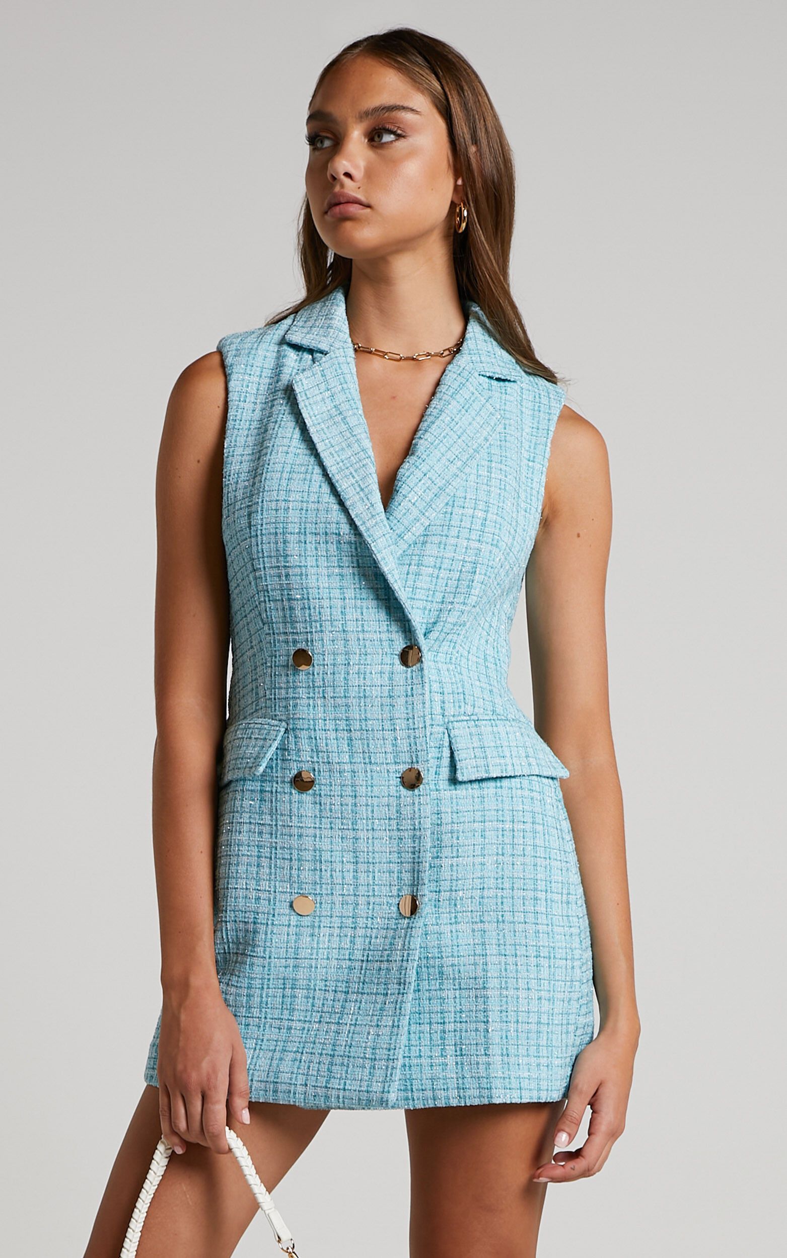 Sheba Blazer Dress - Tweed Sleeveless Mini Blazer Dress in Blue | Showpo (US, UK & Europe)