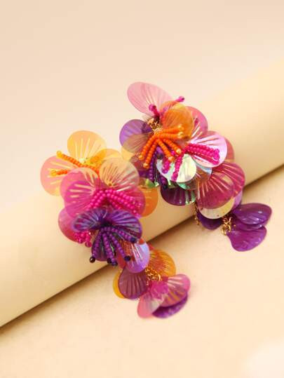 Handmade Colorful Shiny Sequin Shell Beaded Flower Drop Earrings, Eye-Catching And Dazzling, A Pe... | SHEIN