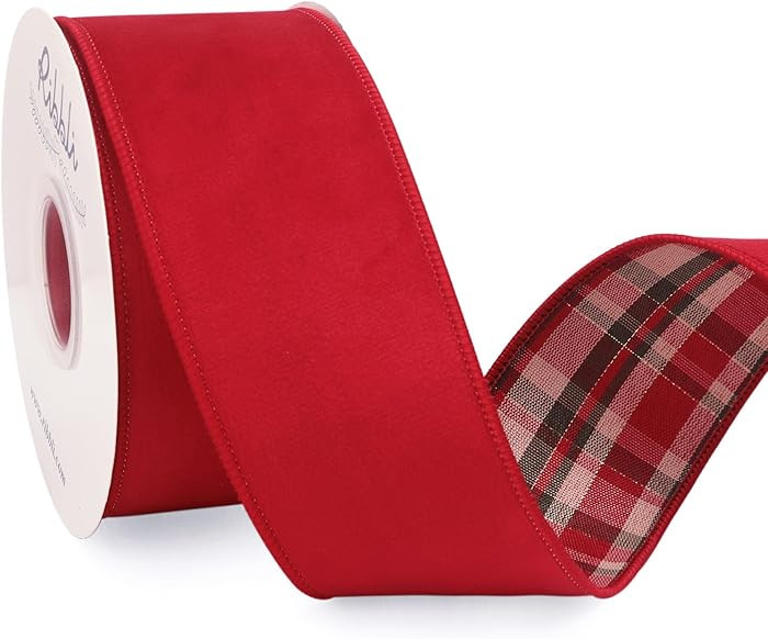 Ribbli Red Velvet Wired Ribbon with Plaid Reversible 2.5 Inch Christmas Ribbon for Gift Wrapping ... | Amazon (US)