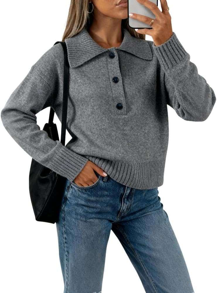 EsheSy Women's Polo Knit Sweater Pullover V Neck Lapel Collar Button Long Sleeve Casual Loose Rib... | Amazon (US)