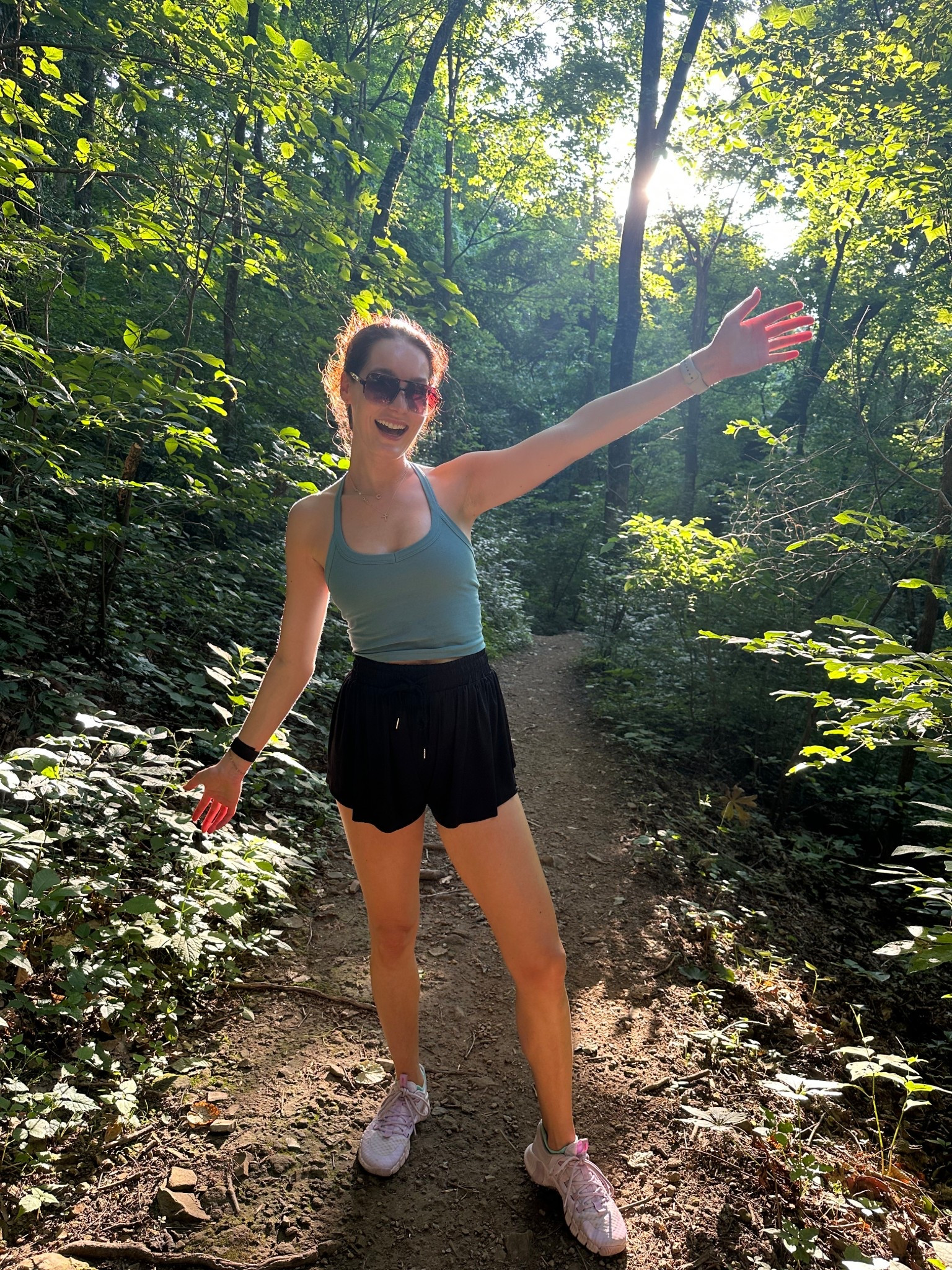 Hiking look, workout wear, 

Beyond Yoga tank (size S for me)
Amazon shorts (size S for me)
Amazon sunglasses 

#LTKActive