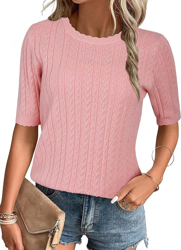 Arach&Cloz Womens Summer Sweater 2024 Spring Tops Short Sleeve Casual Blouses Crewneck Fashion Ho... | Amazon (US)