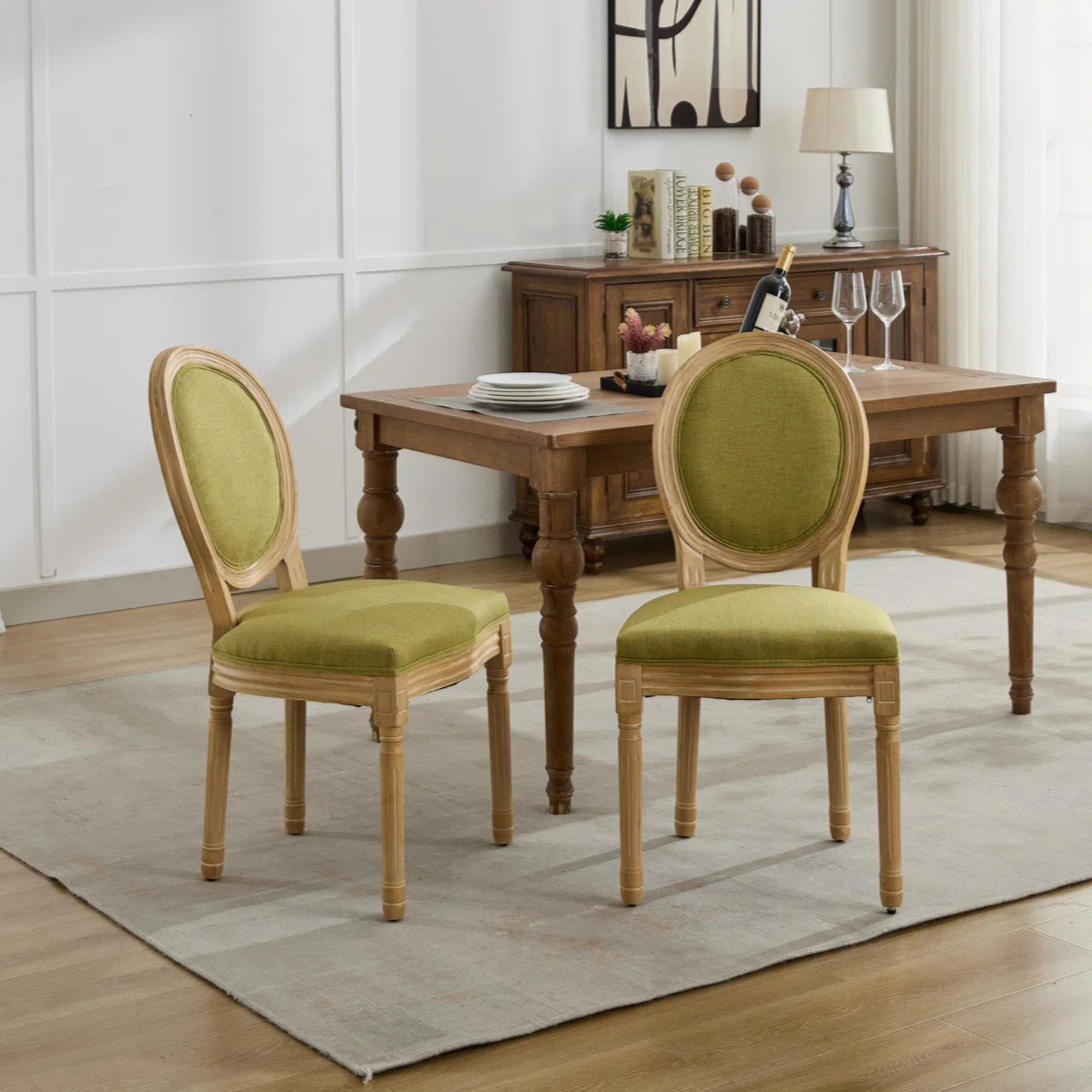 Set of 2 French Style Dining Chairs, Solid Wood Frame Antique Painted Linen Fabric Back Accent Ch... | Wayfair North America