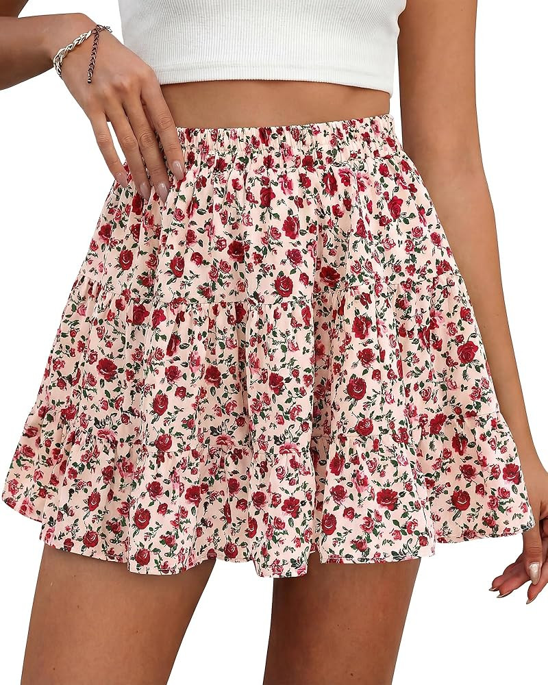BTFBM Summer Skirts for Women 2026 Floral High Waist Shorts Underneath Boho Tiered Flowy Tennis S... | Amazon (US)
