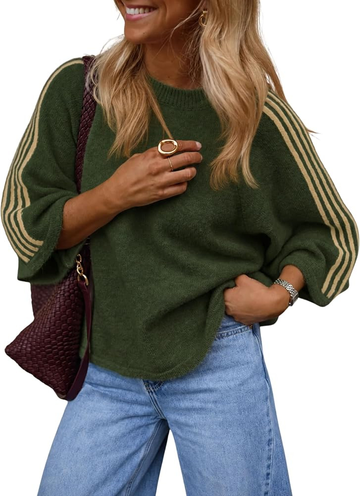 Daacee Women Oversized Striped Sweater Short Sleeve Pullover Knit Top | Amazon (US)