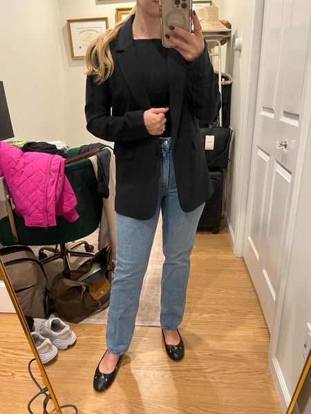 Blazer is XS regular (would order petite version online if I bought again), XS in bodysuit, 25 short in curve love jeans, flats sized up 1/2 size

Ballet flats, blazer, business casual, work chic

#LTKworkwear #LTKshoecrush #LTKfindsunder100