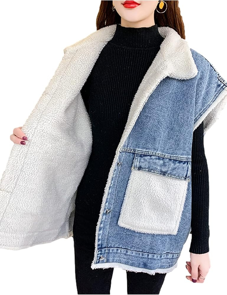 Womens Loose Sherpa Fleece Lined Denim Vest Casual Sleeveless Button Down Jean Vest Jacket | Amazon (US)