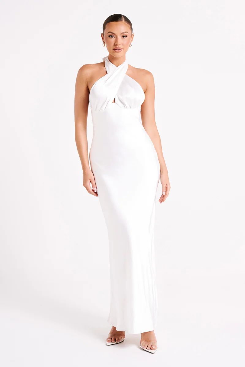 Marvelle Satin Halter Maxi Dress - White | MESHKI US
