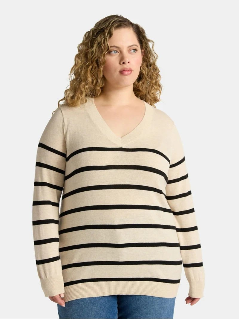 Terra & Sky Women's Plus V-Neck Fine Gauge Pullover Sweater, Lightweight, Sizes 0X-5X | Walmart (US)