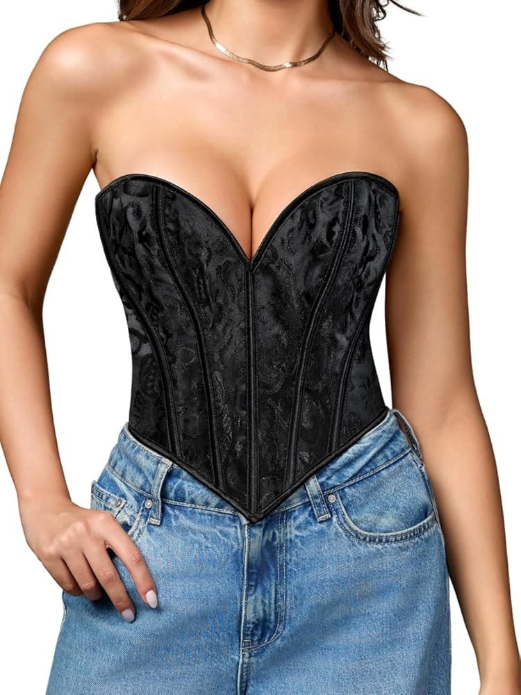 Boned Lace Up Corset Top For Women, Heart Overbust Strapless Vintage, Sexy Bustier Crop, Party Cl... | Amazon (US)
