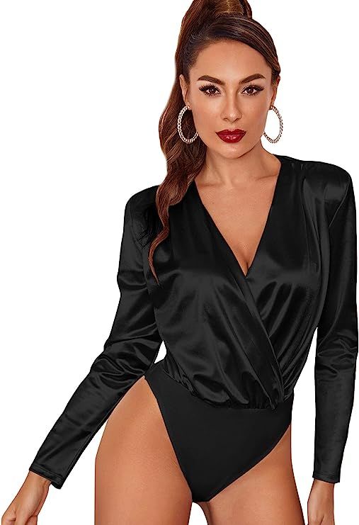 Romwe Women's Satin Long Sleeve Wrap V Neck Bodysuit Jumpsuit | Amazon (US)