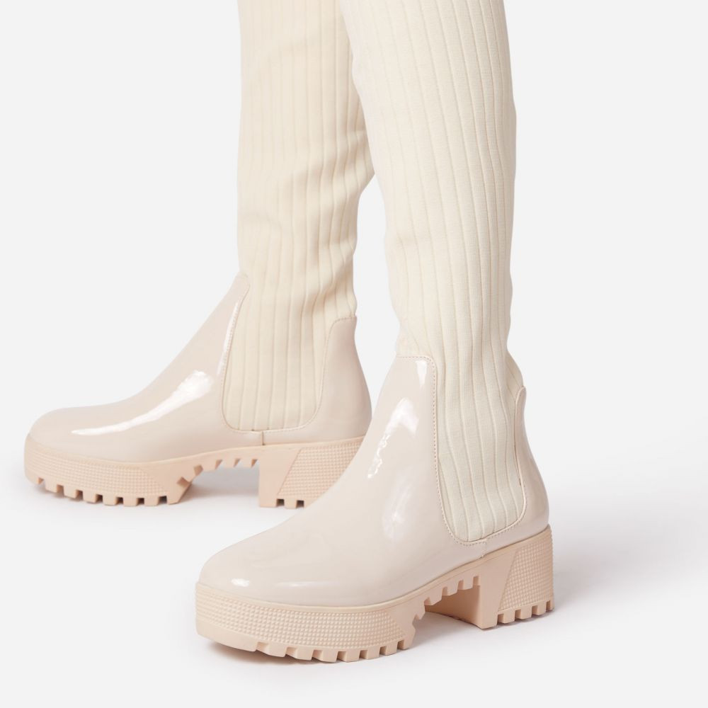 Colorado Knitted Over The Knee Thigh High Long Sock Biker Boot In Nude Faux Leather | EGO Shoes (US & Canada)