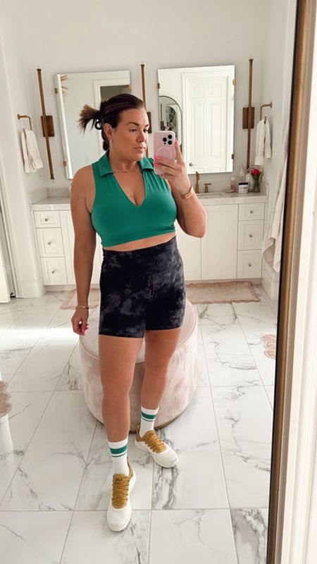 curvy fit workout look! wearing size 14 in green collared sport bra top and size 10 in 6” shorts 

#LTKmidsize #LTKfitness #LTKfindsunder100