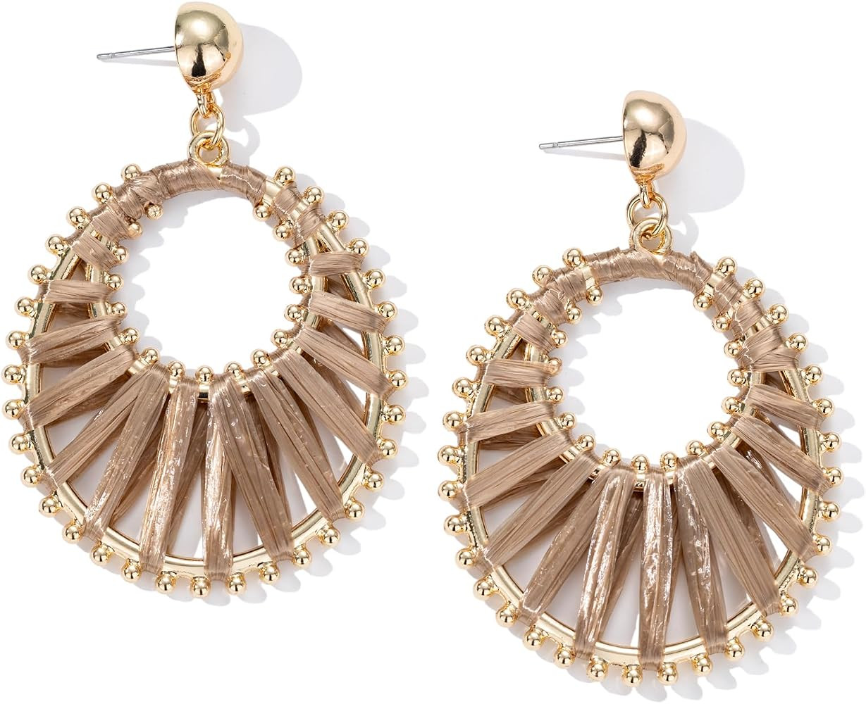 Gold Raffia Earrings Boho Summer Beach Jewelry Trendy Statement Dangle Drop Earrings for Women | Amazon (US)