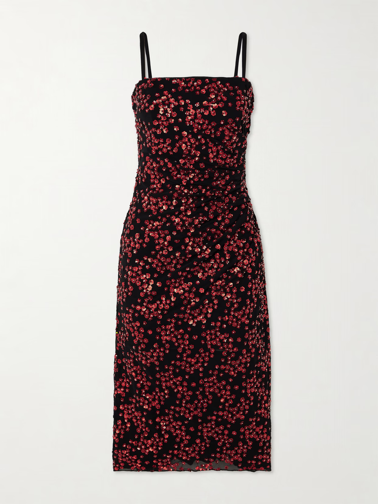 STAUD - Florentina Embellished Ruched Tulle Midi Dress - Red | NET-A-PORTER (US)