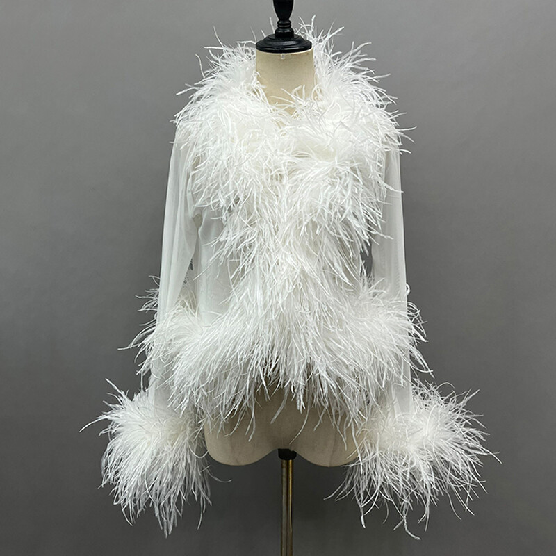 Lady Ostrich Feather Top Cardigan Mesh Sexy See Through Fluffy Feather Blouse | eBay CA