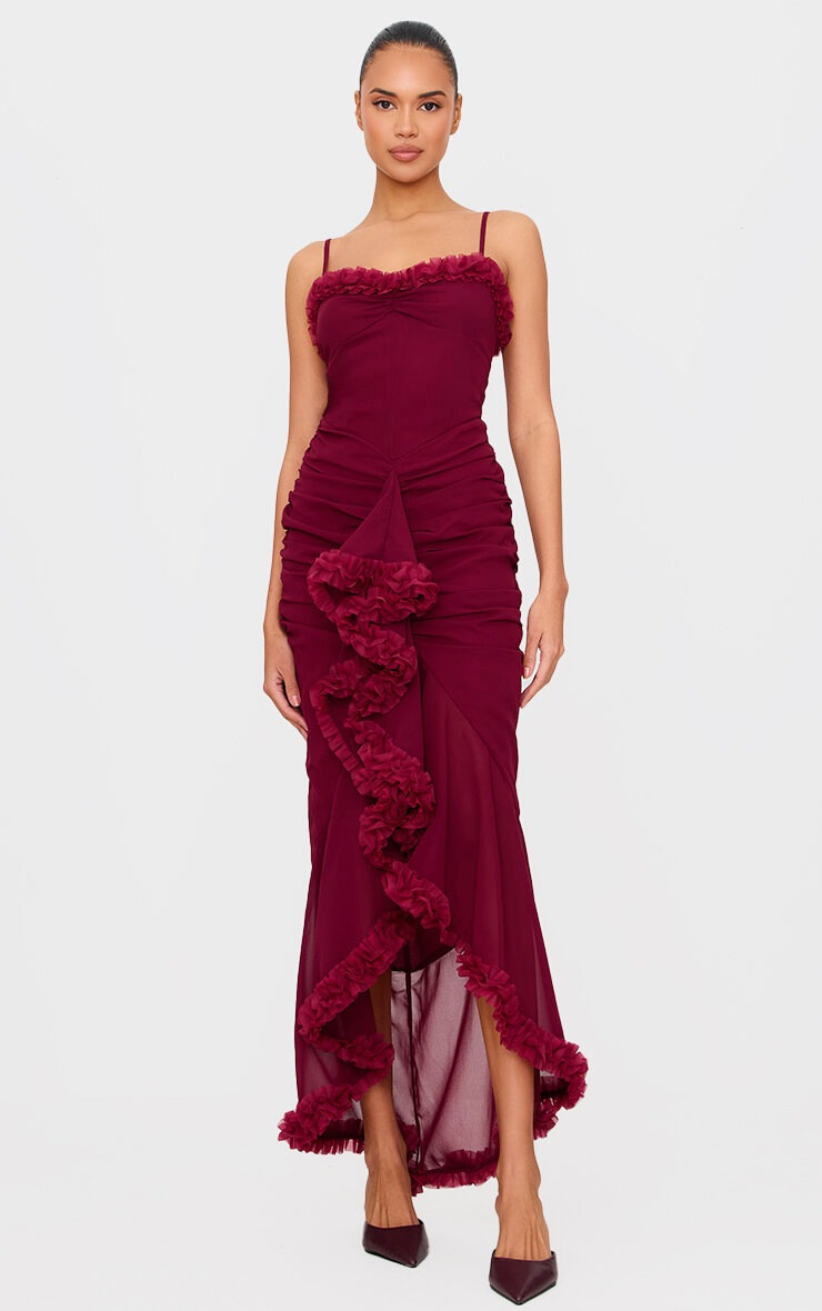 Burgundy Strappy Ruched Drape Detail Maxi Dress | PrettyLittleThing US