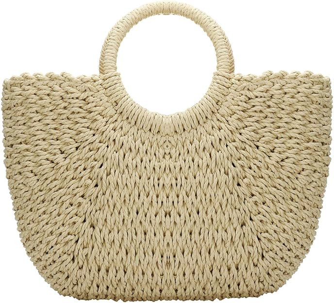 YYW Straw Bags for Women,Hand-woven Straw Large Bag Round Handle Ring Tote Retro Summer Beach Rat... | Amazon (US)