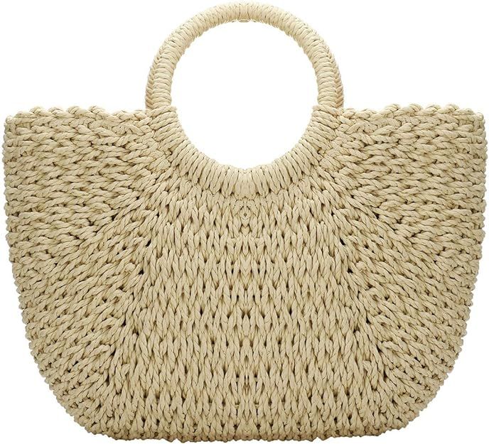 YYW Straw Bags for Women,Hand-woven Straw Large Bag Round Handle Ring Tote Retro Summer Beach Rat... | Amazon (US)
