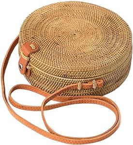 Round Woven Ata Rattan Bag Linen Inside and Leather Button (with Genuine Leather Strap) | Amazon (US)
