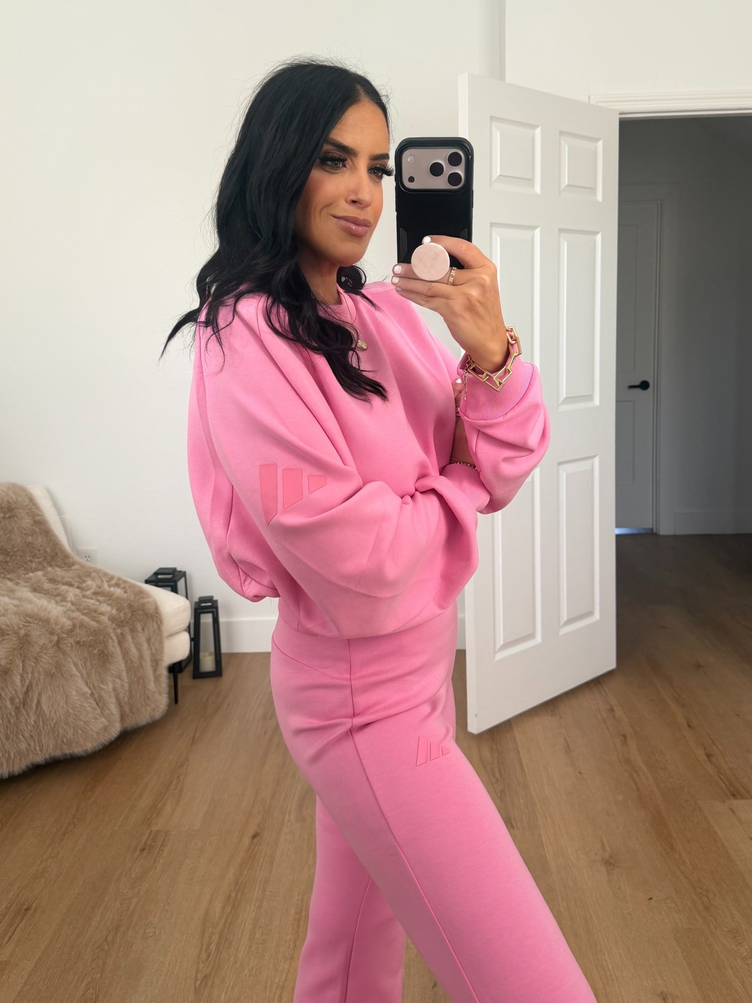 Adidas Soft lux loose sweatshirt wearing size medium. Adidas soft lux flared pants wearing small. 