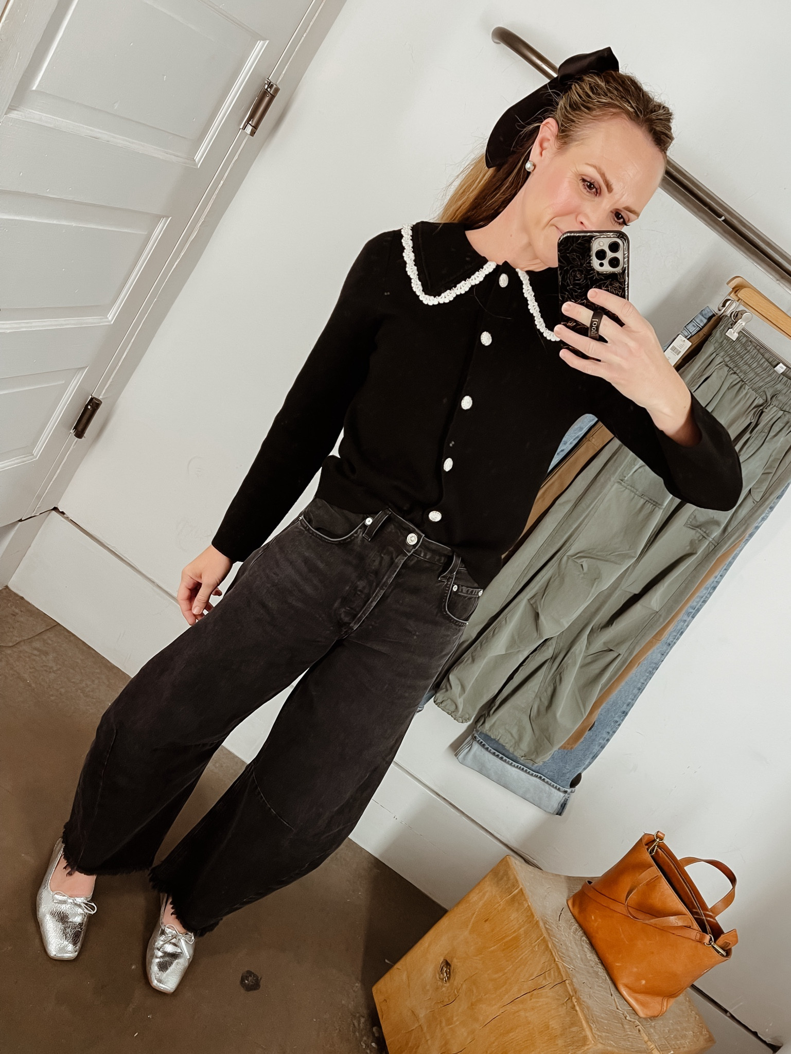 All black with silver details 🪩 

Top -fits TTS (wearing a small)
Jeans -size down (wearing a 24)
Flats -fit TTSS

#LTKsalealert #LTKHoliday #LTKshoecrush